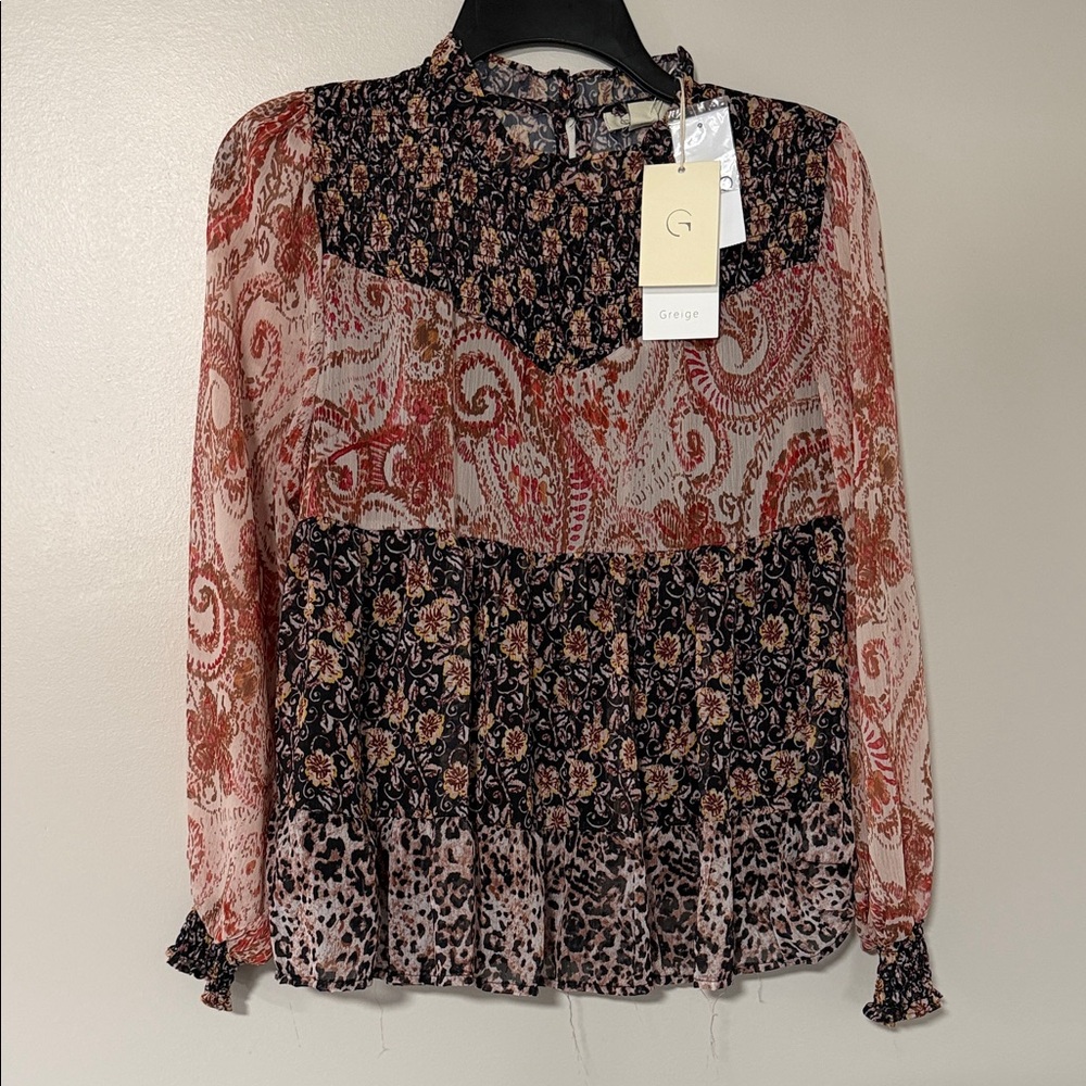 Greige Mixed Paisley & Floral Sheer Blouse - Rust & Black